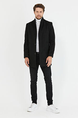 Mero Life Erkek Siyah Slim Fit Dik Yaka Yün Karışımlı Kaşe Kaban